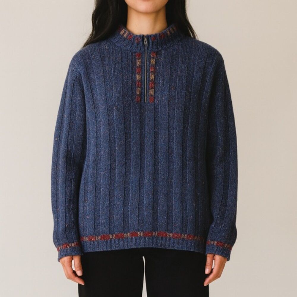 Woolrich Sweater Embroidered Indigo Heather 1/4 Zip Pullover Size Large Alpine